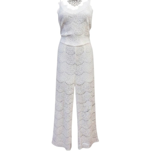 Monteau Los Angeles Pants - Monteau Los Angeles White Floral Lace Wide Leg Jumpsuit Bridal Bachelorette Boho